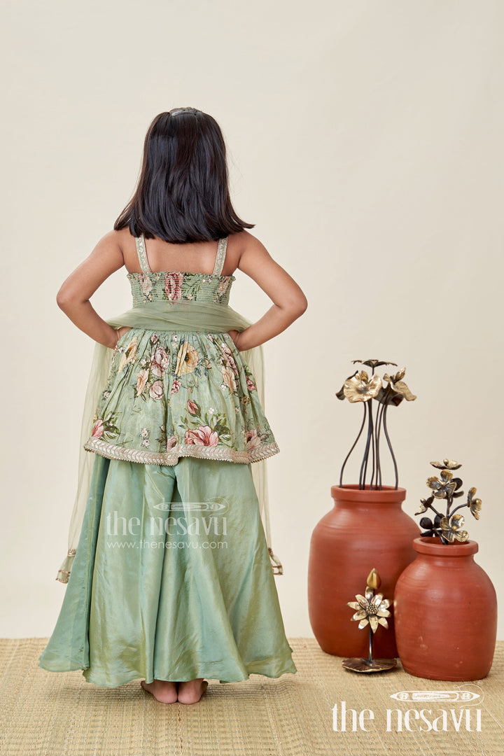 The Nesavu Girls Sharara / Plazo Set Green Floral Sharara Set Viscose Silk with Vibrant Floral Embroidery Nesavu Nesavu Green Floral Sharara Set Embroidered Yoke Dupatta Festive Occasions