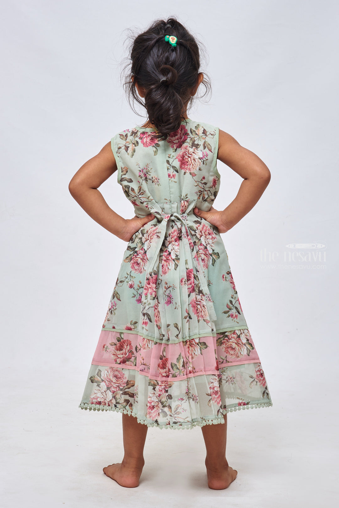 The Nesavu Girls Cotton Frock Green Gem: Sequin Embroidered Floral Printed Green Cotton Frock for Girls Nesavu Cotton Frocks in Floral Designs for Girls | Fancy Cotton Frocks for Special Occasions | The Nesavu