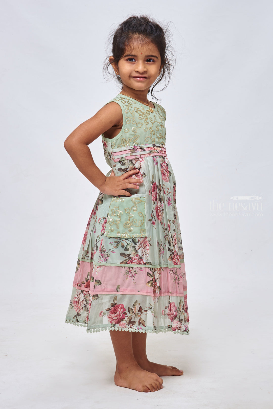 The Nesavu Girls Cotton Frock Green Gem: Sequin Embroidered Floral Printed Green Cotton Frock for Girls Nesavu Cotton Frocks in Floral Designs for Girls | Fancy Cotton Frocks for Special Occasions | The Nesavu