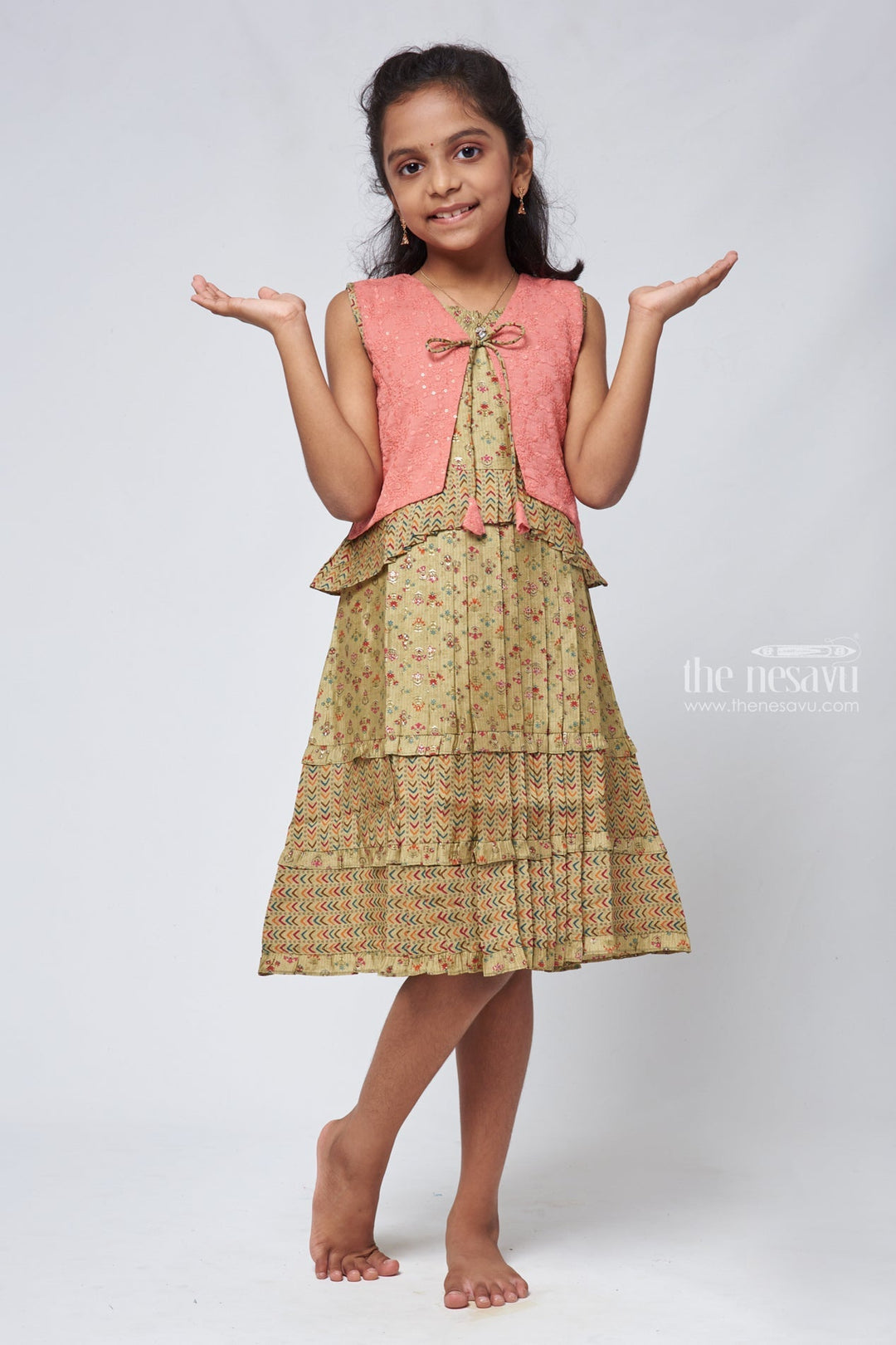 The Nesavu Girls Cotton Frock Green Geometrical Pleated Cotton Frock with Salmon Overcoat - Stylish Girls Dress Nesavu 22 (4Y) / Green / Chanderi GFC1107A-22 Cotton Frock For 7 Year Old Girl | Cotton Frock For Summer | The Nesavu