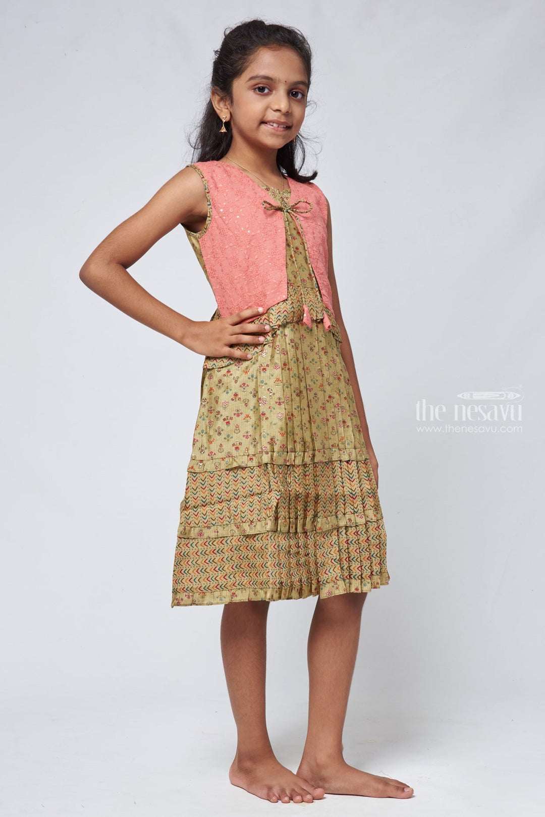 The Nesavu Girls Cotton Frock Green Geometrical Pleated Cotton Frock with Salmon Overcoat - Stylish Girls Dress Nesavu Cotton Frock For 7 Year Old Girl | Cotton Frock For Summer | The Nesavu