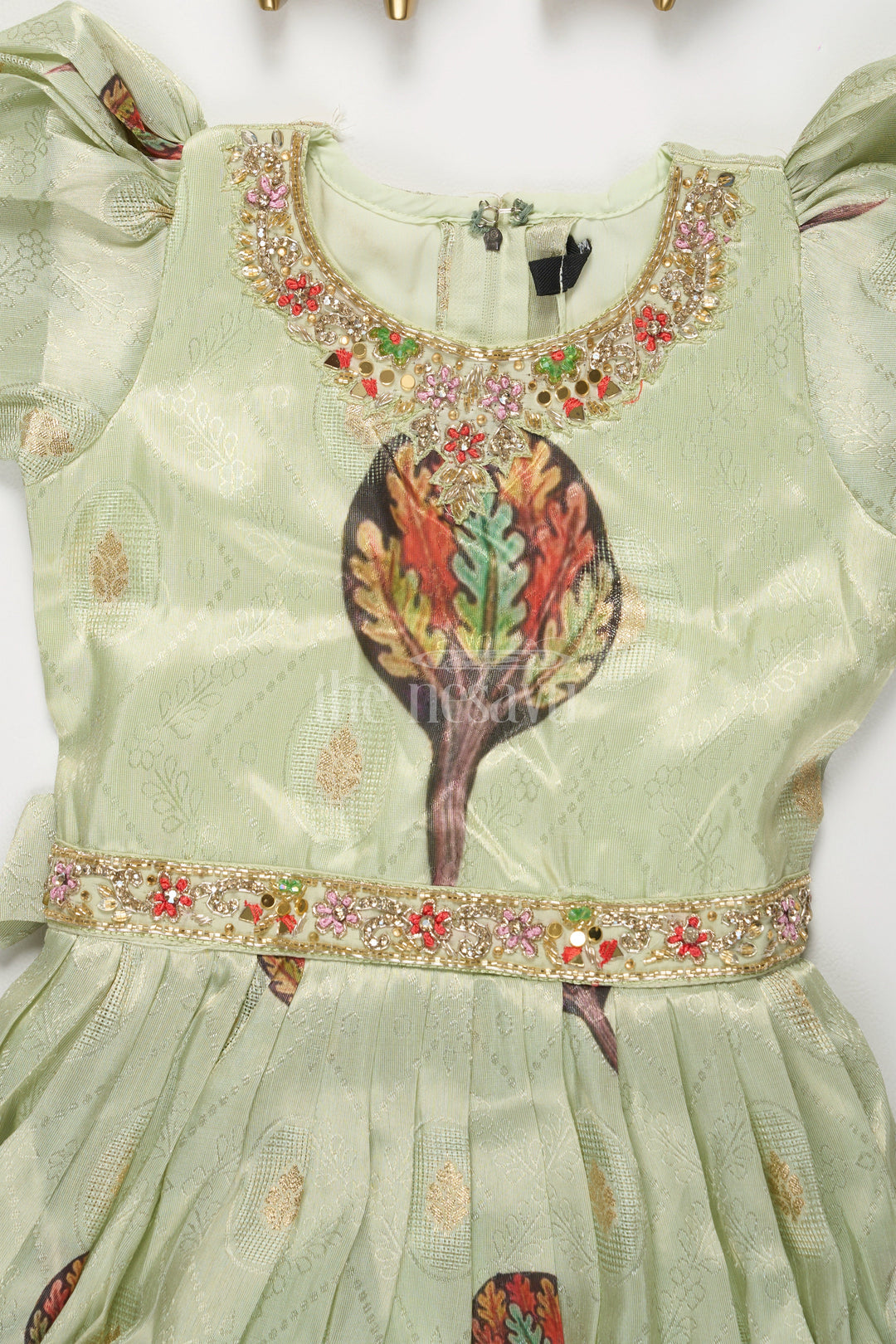 The Nesavu Girls Party Gown Green Girls Party Gown with Captivating Forest Animals Print and Pleated Skirt Nesavu Nesavu Green Girls Party Gown Forest Animals Print Floral Embroidery Special Events