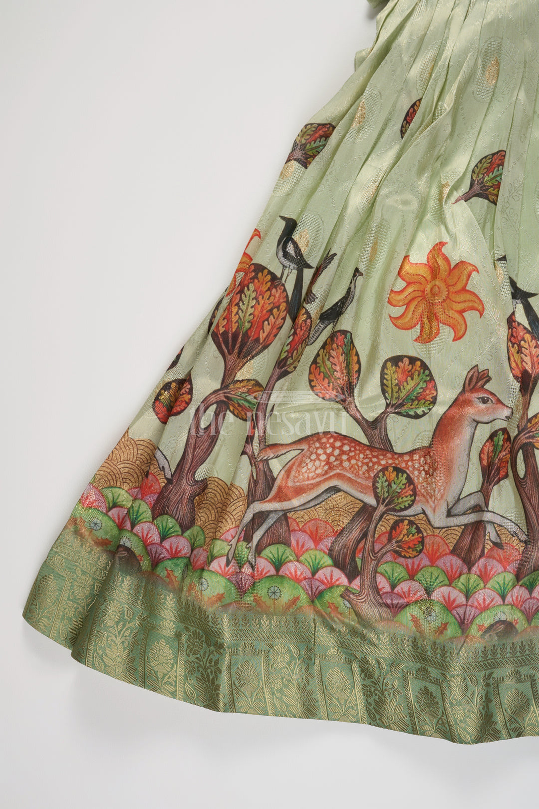 The Nesavu Girls Party Gown Green Girls Party Gown with Captivating Forest Animals Print and Pleated Skirt Nesavu Nesavu Green Girls Party Gown Forest Animals Print Floral Embroidery Special Events