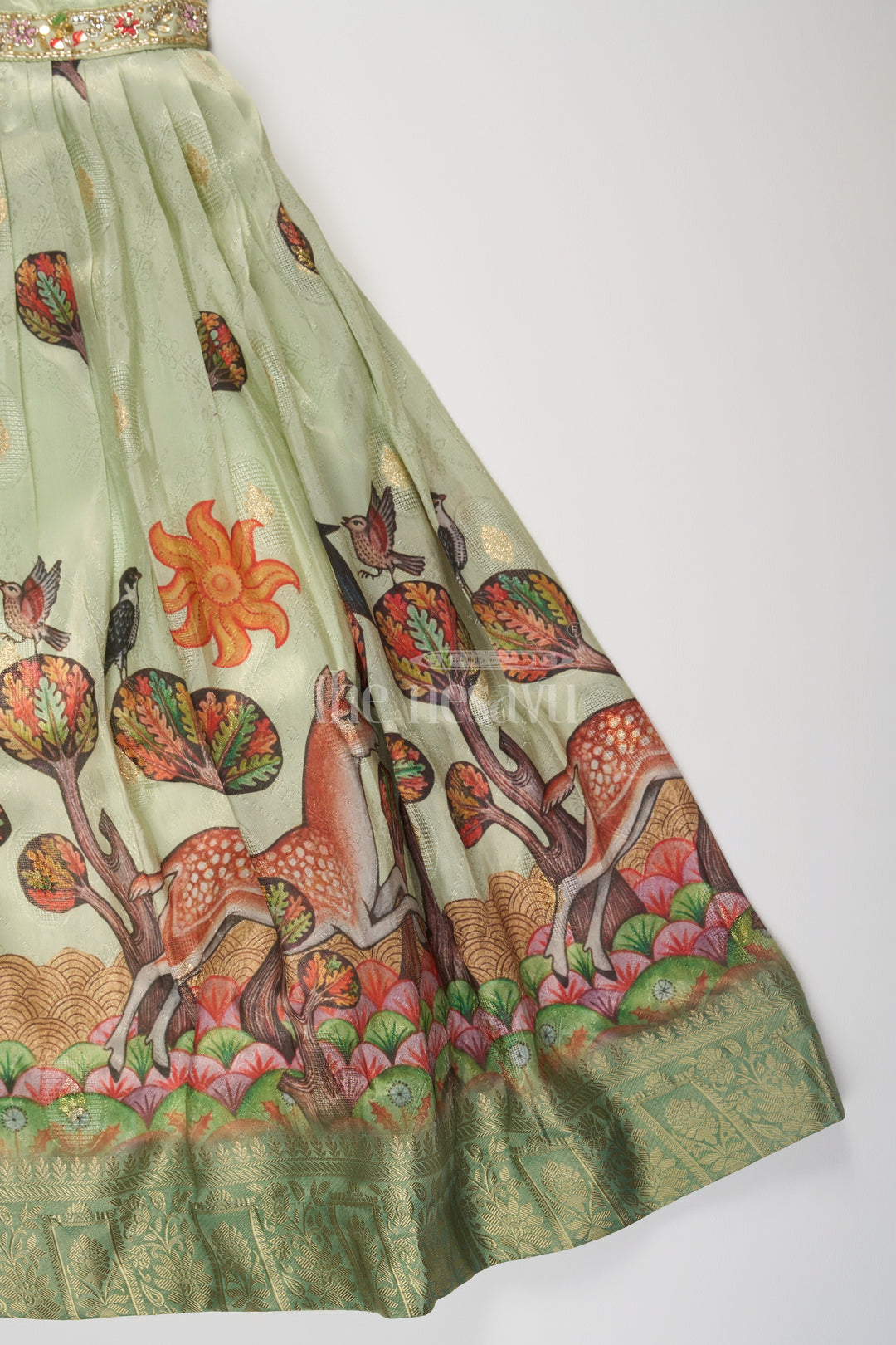 The Nesavu Girls Party Gown Green Girls Party Gown with Captivating Forest Animals Print and Pleated Skirt Nesavu Nesavu Green Girls Party Gown Forest Animals Print Floral Embroidery Special Events