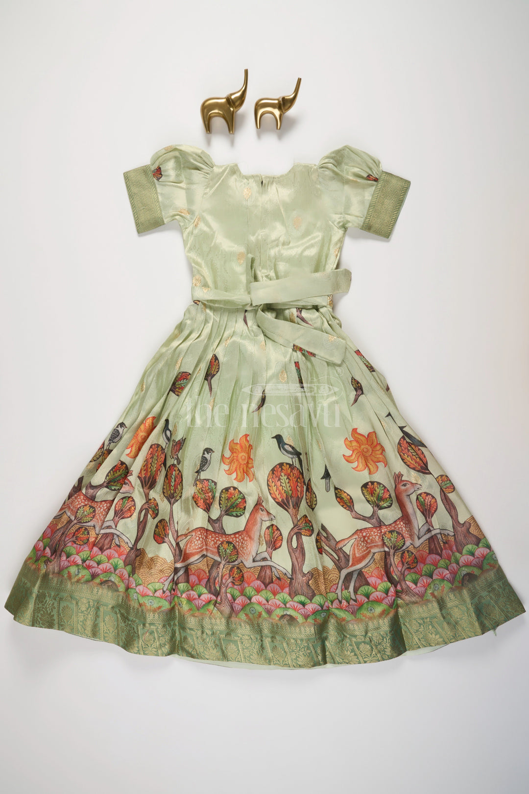 The Nesavu Girls Party Gown Green Girls Party Gown with Captivating Forest Animals Print and Pleated Skirt Nesavu Nesavu Green Girls Party Gown Forest Animals Print Floral Embroidery Special Events