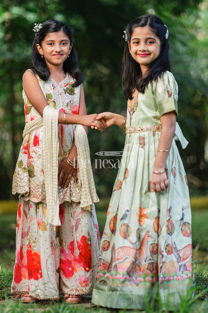 The Nesavu Girls Party Gown Green Girls Party Gown with Captivating Forest Animals Print and Pleated Skirt Nesavu Nesavu Green Girls Party Gown Forest Animals Print Floral Embroidery Special Events