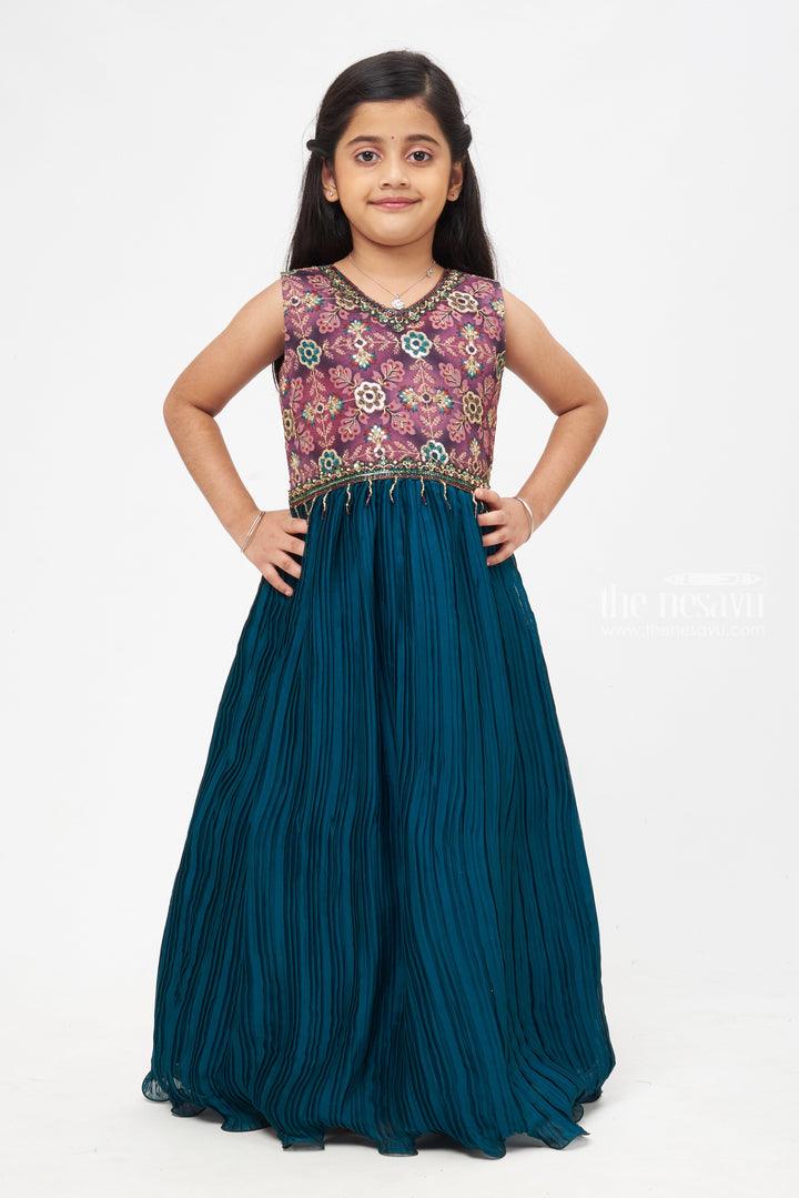 The Nesavu Girls Party Gown Green Glamour: Sequin & Zari Embroidered Pleated Anarkali Gown for Girls- Designer Collections for Diwali Nesavu 24 (5Y) / Green / Georgette GA171A-24 Trendy Anarkali Designs 2023 | Kid’s Stylish Anarkali Dress | The Nesavu