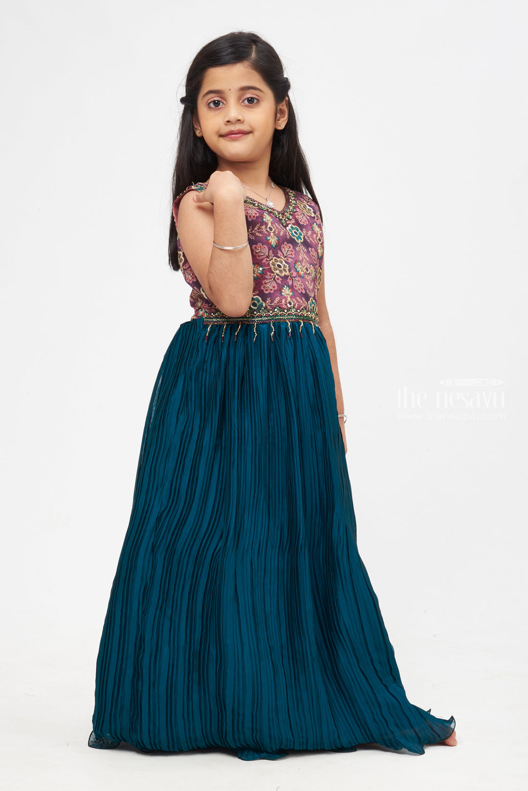 The Nesavu Girls Party Gown Green Glamour: Sequin & Zari Embroidered Pleated Anarkali Gown for Girls- Designer Collections for Diwali Nesavu Trendy Anarkali Designs 2023 | Kid’s Stylish Anarkali Dress | The Nesavu