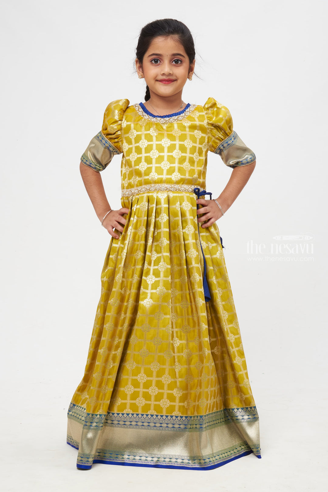 The Nesavu Silk Gown Green Glamour: Zari Checkered & Knife Pleated Jacquard Silk Gown for Girls Nesavu 16 (1Y) / Green / Jacquard GA153A-16 Fashionable Anarkali Dress Collection | Festive Diwali Anarkali Outfits | The Nesavu