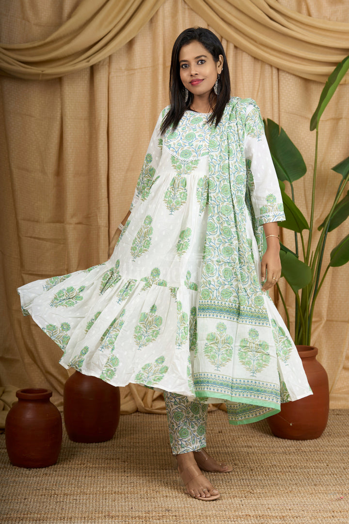 The Nesavu Womens Flared Suit Sets Green Jaipuri Cotton Flared Kurti Set with Elegant Floral Pattern and Matching Dupatta for Women Nesavu 36 (S) / Green WTH036B-36 Nesavu Green Jaipuri Cotton Flared Kurti Set Floral Design Dupatta Women