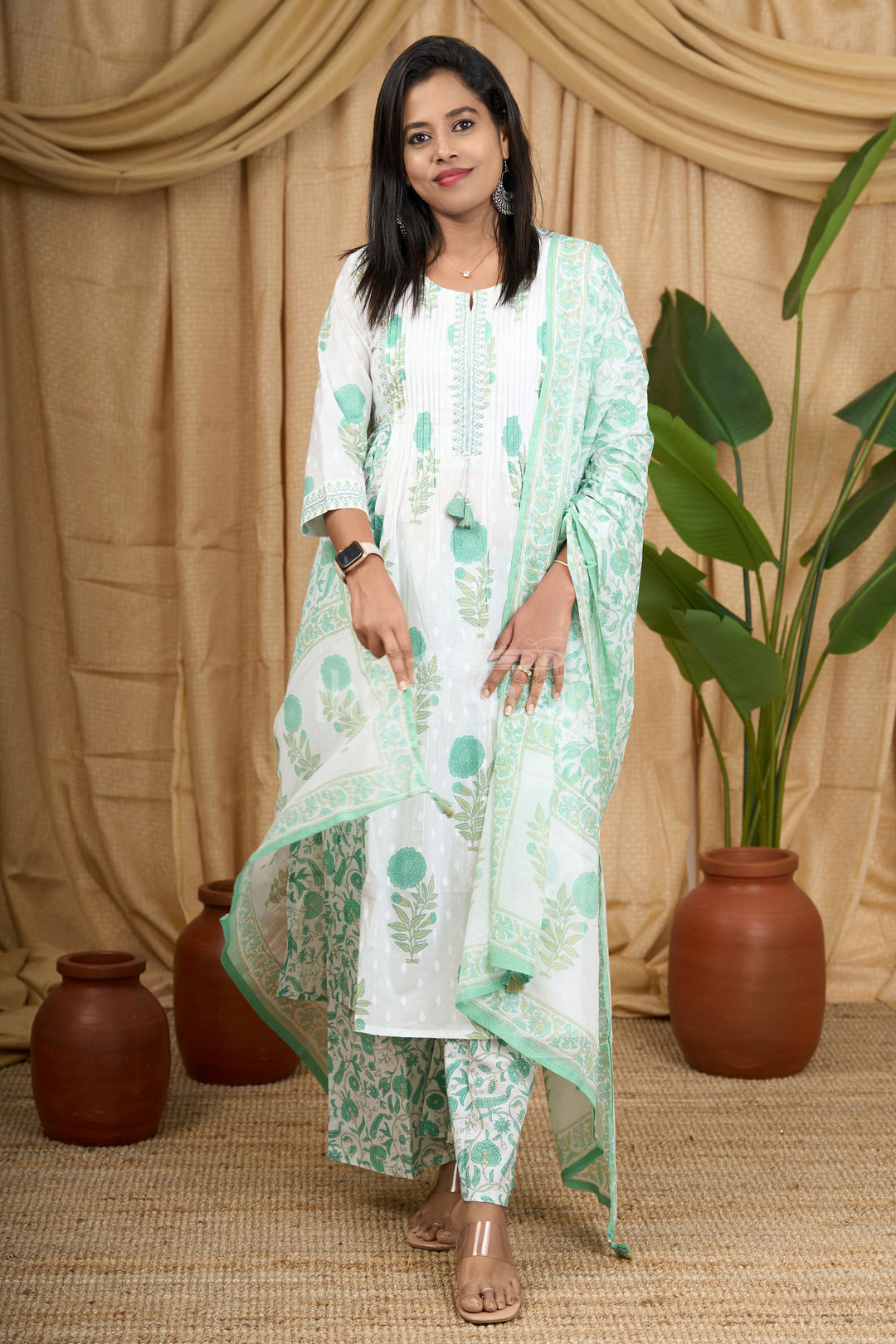 The Nesavu Womens Flared Suit Sets Green Jaipuri Cotton Kurti Set with Floral Patterns and Elegant Tassel Detailing for Women Nesavu Nesavu Green Jaipuri Cotton Kurti Set Floral Detailing Coordinated Bottom Women