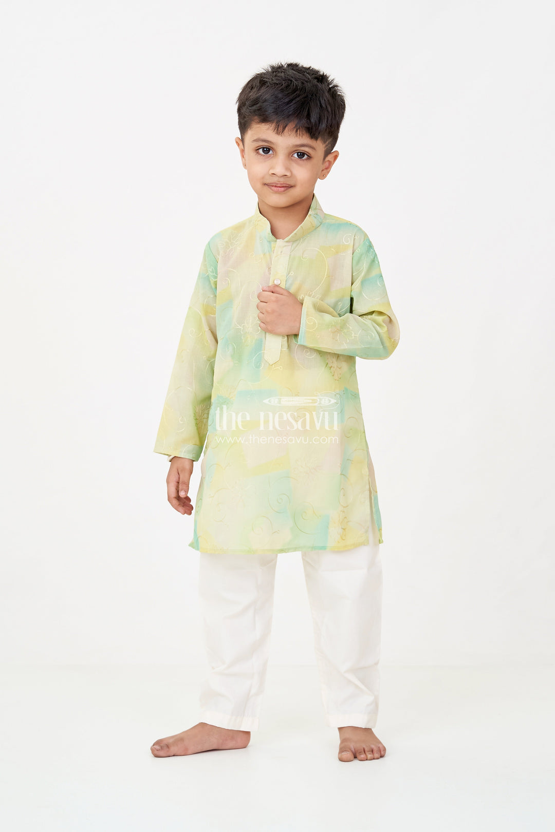The Nesavu Boys Kurtha Set Green Kurta Sets for Boys in Modal Silk with Thread Embroidery and Ivory Pajama for Elegant Look Nesavu 14 (6M) / Green BES697B-14 Green Kurta Sets for Boys in Modal Silk with Thread Embroidery and Classic Ivory Pajama | The Nesavu