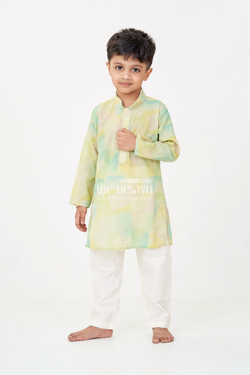The Nesavu Boys Kurtha Set Green Kurta Sets for Boys in Modal Silk with Thread Embroidery and Ivory Pajama for Elegant Look Nesavu 14 (6M) / Green BES697B-14 Nesavu Green Kurta Sets for Boys in Modal Silk with Thread Embroidery and Classic Ivory Pajama