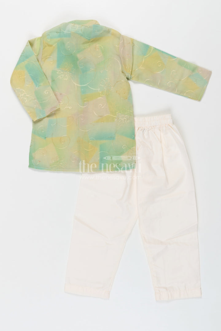 The Nesavu Boys Kurtha Set Green Kurta Sets for Boys in Modal Silk with Thread Embroidery and Ivory Pajama for Elegant Look Nesavu Green Kurta Sets for Boys in Modal Silk with Thread Embroidery and Classic Ivory Pajama | The Nesavu