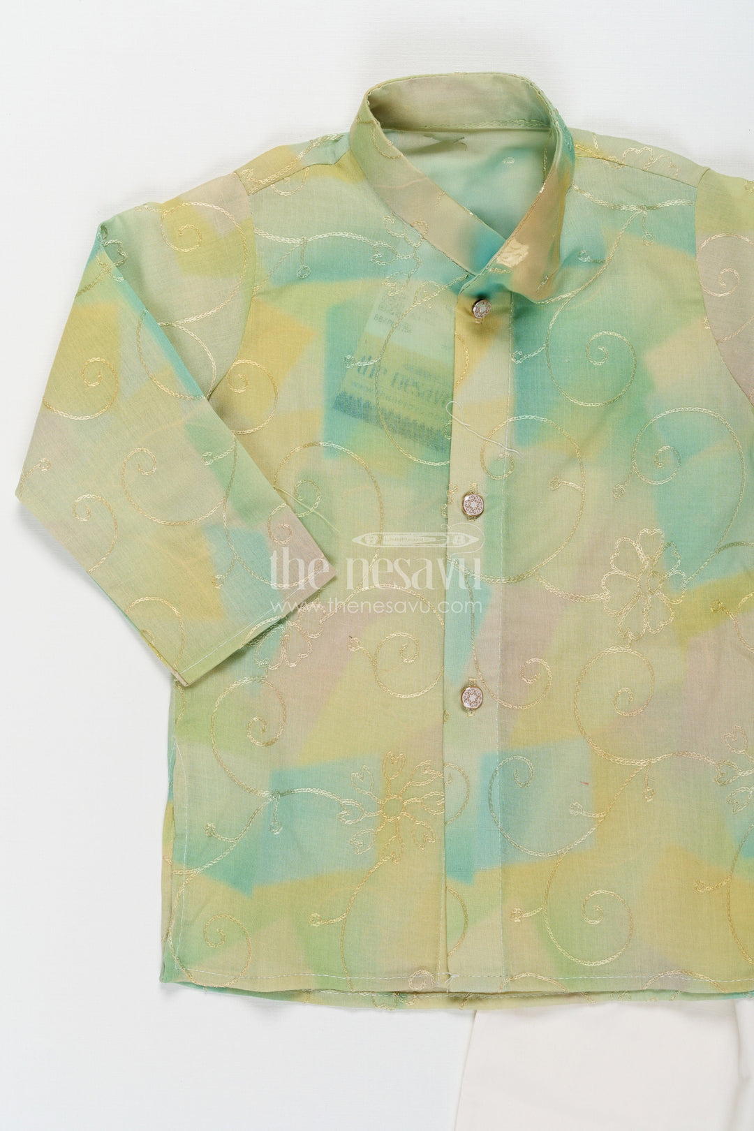 The Nesavu Boys Kurtha Set Green Kurta Sets for Boys in Modal Silk with Thread Embroidery and Ivory Pajama for Elegant Look Nesavu Green Kurta Sets for Boys in Modal Silk with Thread Embroidery and Classic Ivory Pajama | The Nesavu