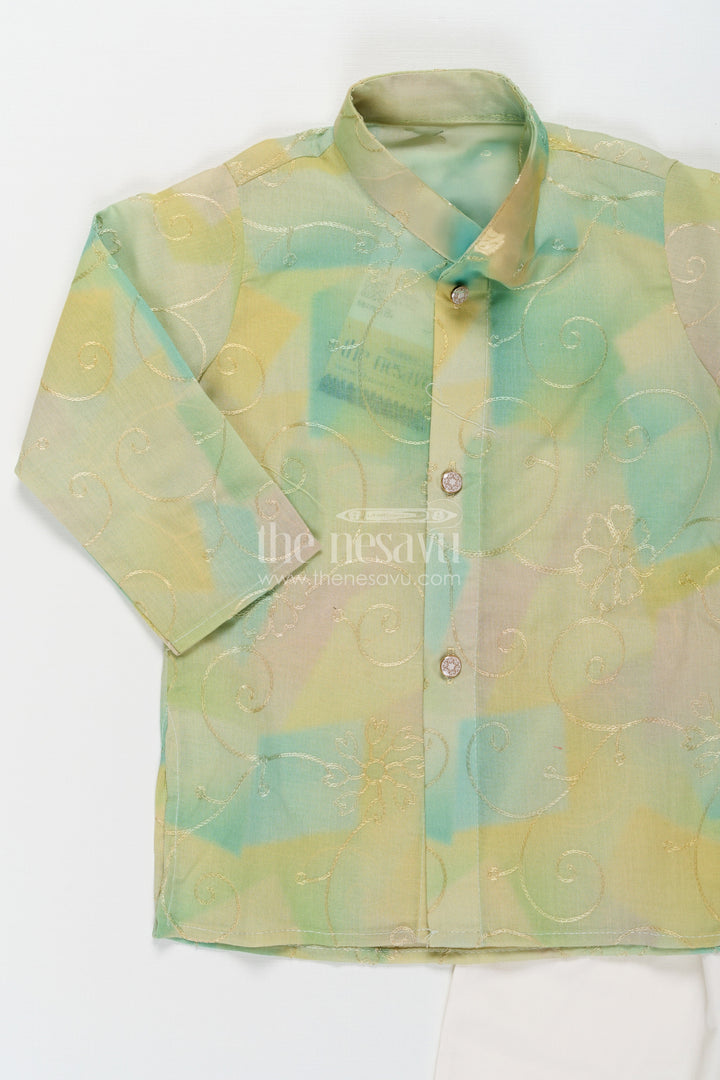 The Nesavu Boys Kurtha Set Green Kurta Sets for Boys in Modal Silk with Thread Embroidery and Ivory Pajama for Elegant Look Nesavu Green Kurta Sets for Boys in Modal Silk with Thread Embroidery and Classic Ivory Pajama | The Nesavu