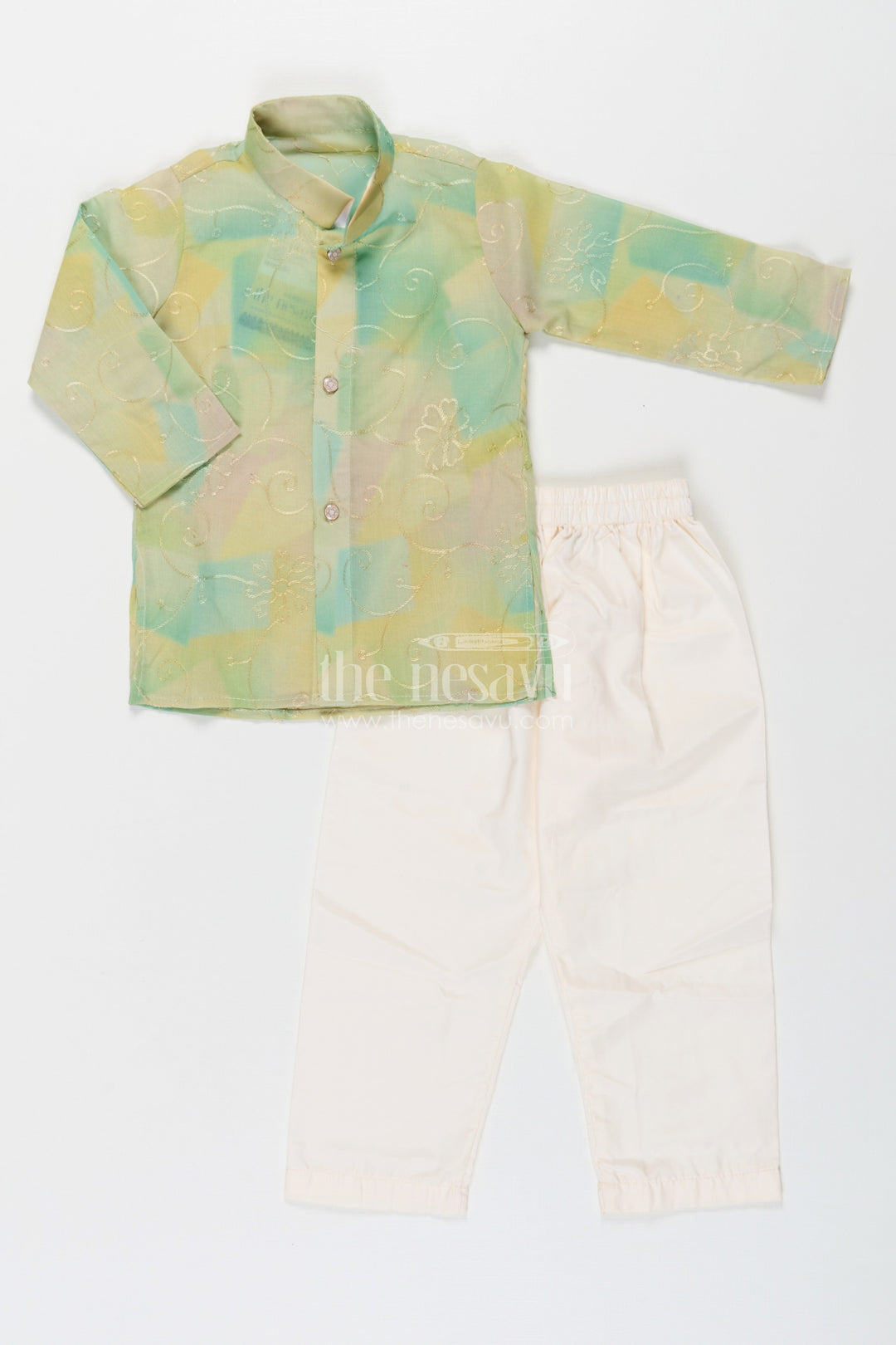 The Nesavu Boys Kurtha Set Green Kurta Sets for Boys in Modal Silk with Thread Embroidery and Ivory Pajama for Elegant Look Nesavu Green Kurta Sets for Boys in Modal Silk with Thread Embroidery and Classic Ivory Pajama | The Nesavu