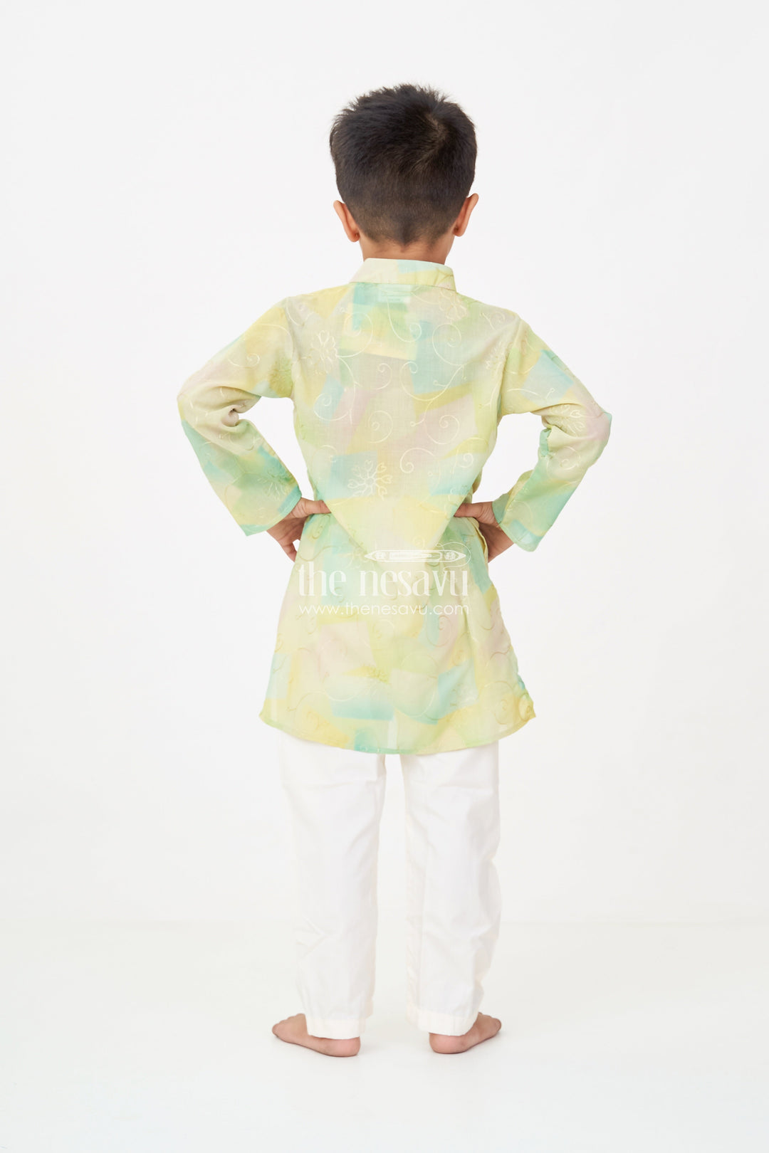 The Nesavu Boys Kurtha Set Green Kurta Sets for Boys in Modal Silk with Thread Embroidery and Ivory Pajama for Elegant Look Nesavu Green Kurta Sets for Boys in Modal Silk with Thread Embroidery and Classic Ivory Pajama | The Nesavu