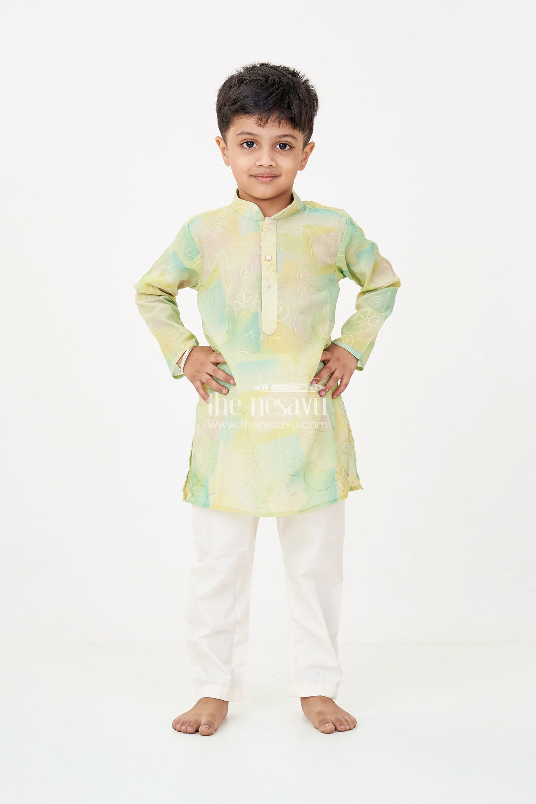 The Nesavu Boys Kurtha Set Green Kurta Sets for Boys in Modal Silk with Thread Embroidery and Ivory Pajama for Elegant Look Nesavu Green Kurta Sets for Boys in Modal Silk with Thread Embroidery and Classic Ivory Pajama | The Nesavu