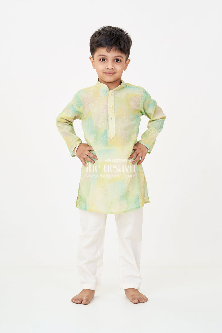 The Nesavu Boys Kurtha Set Green Kurta Sets for Boys in Modal Silk with Thread Embroidery and Ivory Pajama for Elegant Look Nesavu Green Kurta Sets for Boys in Modal Silk with Thread Embroidery and Classic Ivory Pajama | The Nesavu