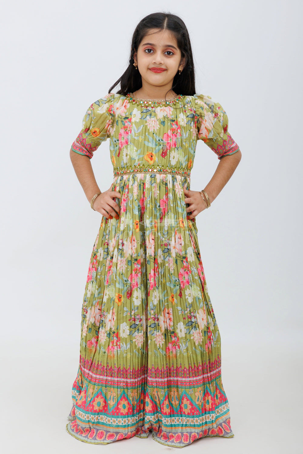 The Nesavu Girls Party Gown Green Parrot Print Chinon Party Gown for Girls Nesavu Green Parrot Print Chinon Party Gown for Girls - Nesavu