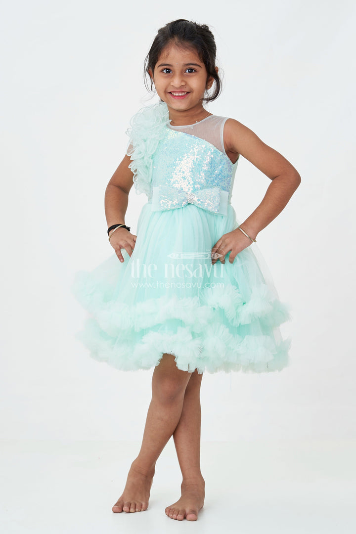 The Nesavu Girls Fancy Party Frock Green Party Dress for Girls in Net with Ruffle Layers and Sequin Embellished Floral Yoke Nesavu 16 (1Y) / Green PF218C-16 Green Party Dress Girls Net Floral Sequin Yoke Layered Ruffle Skirt | The Nesavu