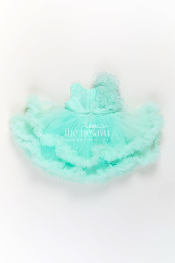 The Nesavu Girls Fancy Party Frock Green Party Dress for Girls in Net with Ruffle Layers and Sequin Embellished Floral Yoke Nesavu Green Party Dress Girls Net Floral Sequin Yoke Layered Ruffle Skirt | The Nesavu