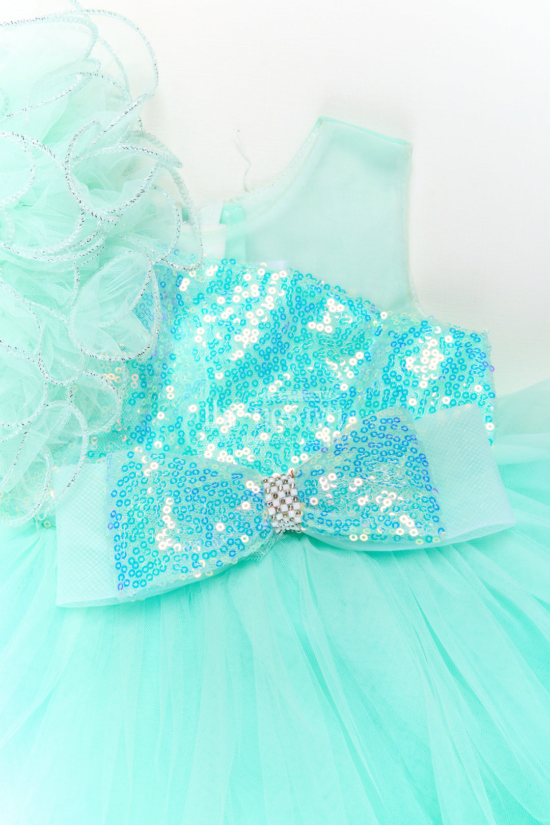 The Nesavu Girls Fancy Party Frock Green Party Dress for Girls in Net with Ruffle Layers and Sequin Embellished Floral Yoke Nesavu Green Party Dress Girls Net Floral Sequin Yoke Layered Ruffle Skirt | The Nesavu