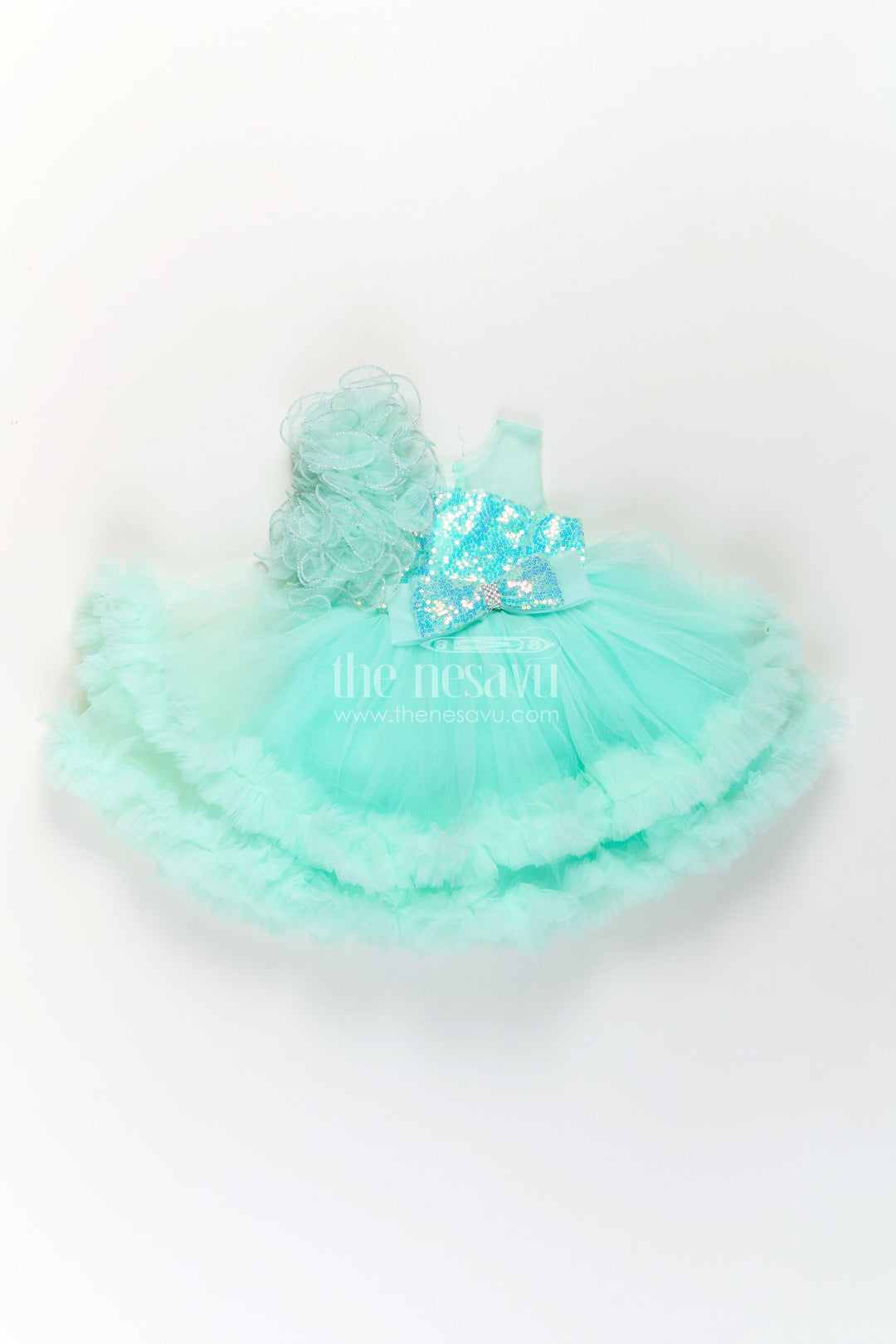 The Nesavu Girls Fancy Party Frock Green Party Dress for Girls in Net with Ruffle Layers and Sequin Embellished Floral Yoke Nesavu Green Party Dress Girls Net Floral Sequin Yoke Layered Ruffle Skirt | The Nesavu