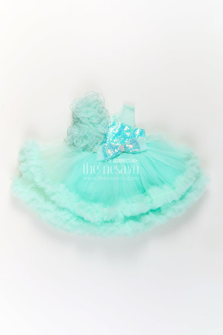 The Nesavu Girls Fancy Party Frock Green Party Dress for Girls in Net with Ruffle Layers and Sequin Embellished Floral Yoke Nesavu Green Party Dress Girls Net Floral Sequin Yoke Layered Ruffle Skirt | The Nesavu