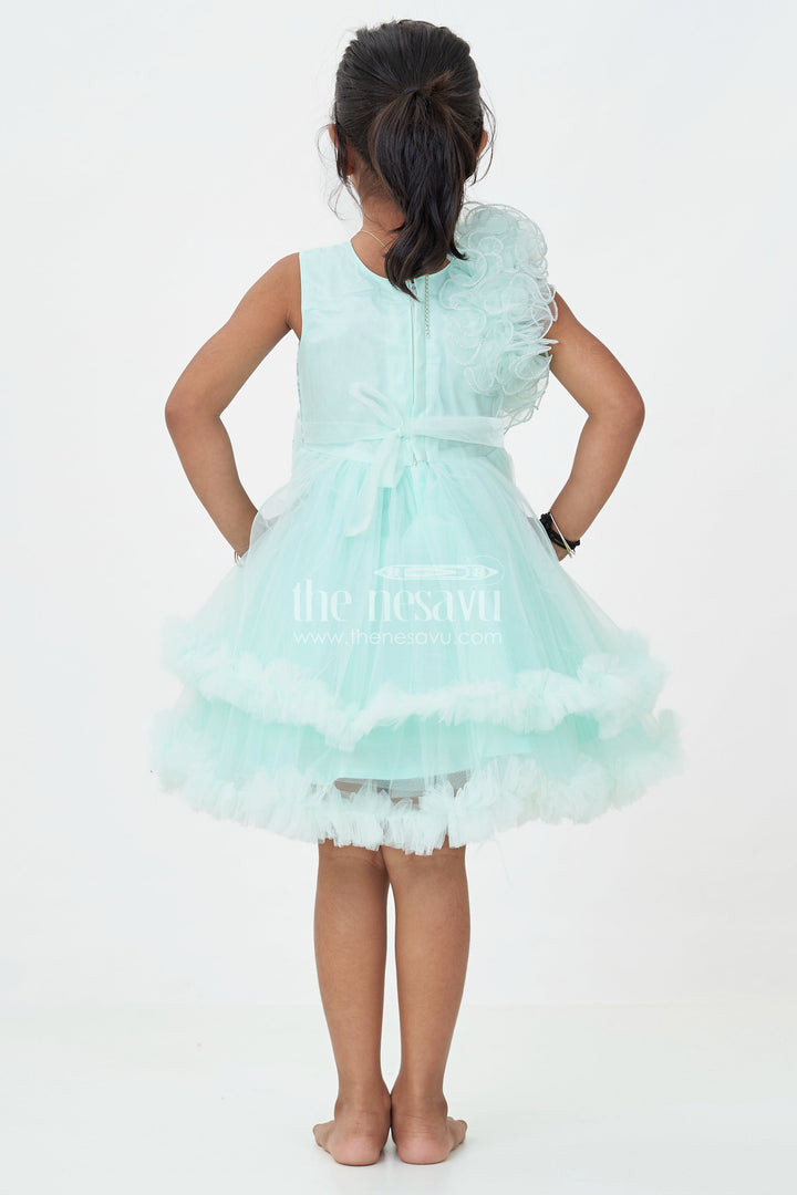 The Nesavu Girls Fancy Party Frock Green Party Dress for Girls in Net with Ruffle Layers and Sequin Embellished Floral Yoke Nesavu Green Party Dress Girls Net Floral Sequin Yoke Layered Ruffle Skirt | The Nesavu
