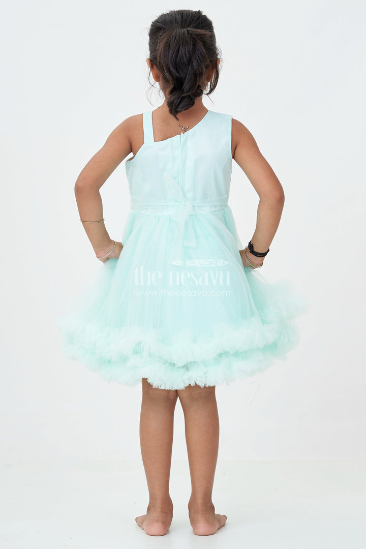The Nesavu Girls Fancy Party Frock Green Party Dress Short for Girls in Net with Sparkle Yoke and Elegant Tulle Ruffle Skirt Nesavu Green Party Dress Short Girls Sequin Yoke Layered Net Skirt | The Nesavu
