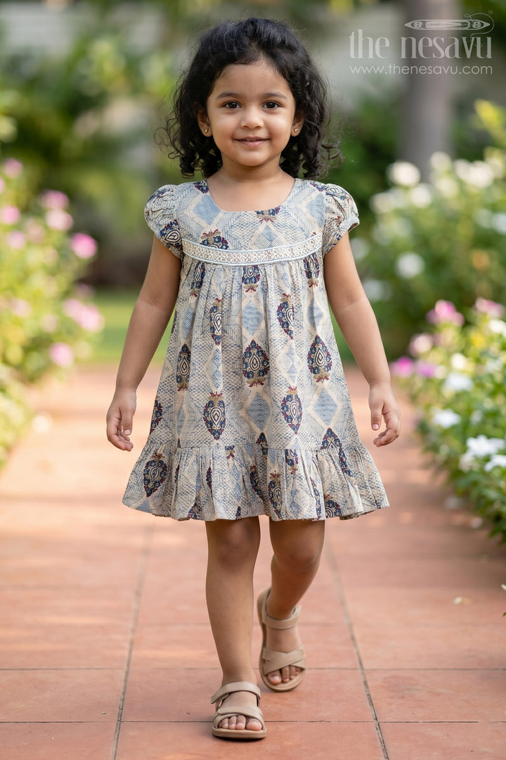 The Nesavu Girls Cotton Frock Green Printed Cotton Frock for Girls Nesavu 16 (1Y) / Blue GFC1337B-16 Green Printed Cotton Frock for Girls - Cute &amp; Comfortable | The Nesavu