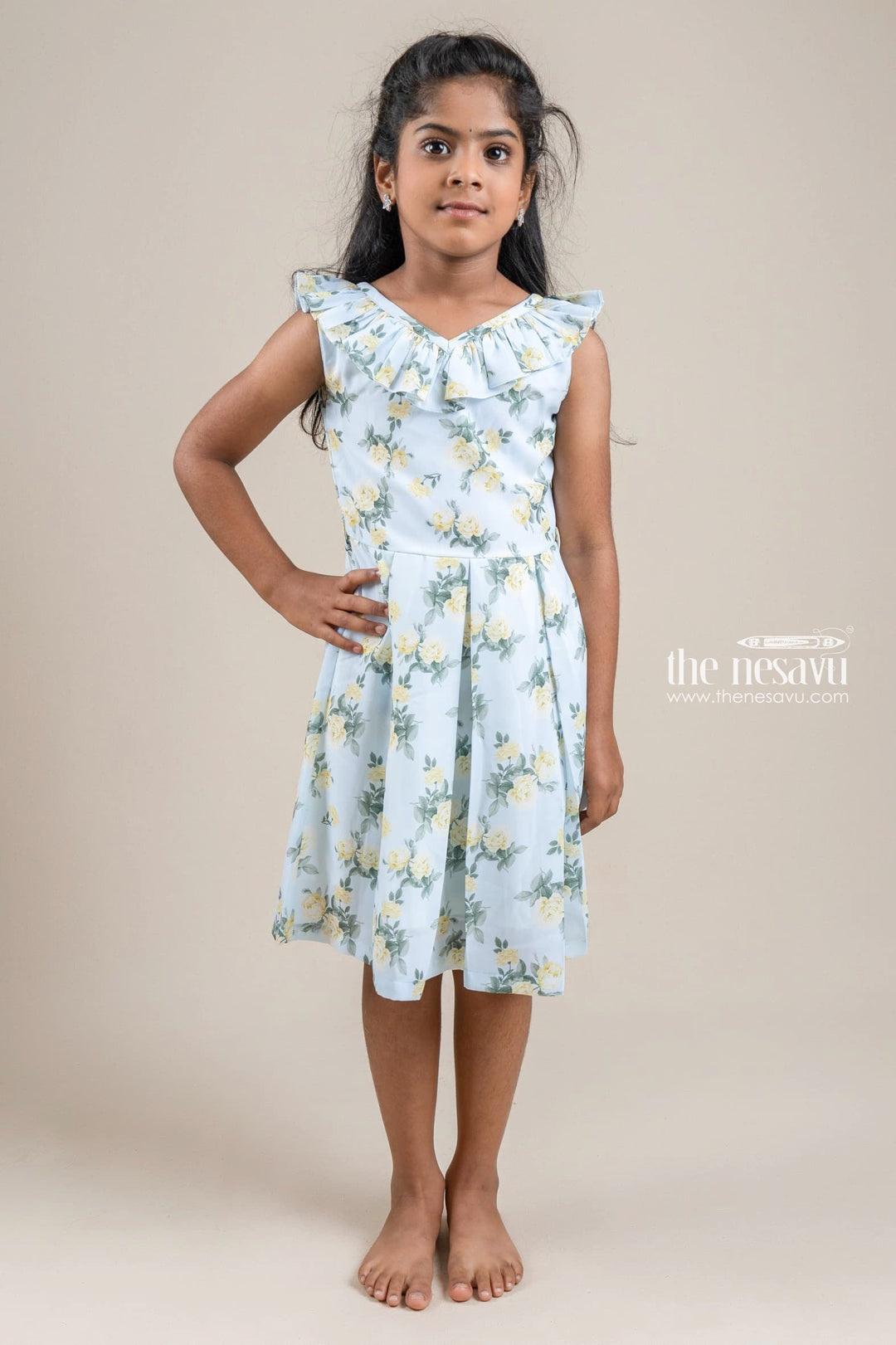 The Nesavu Girls Fancy Frock Green Rose Flower Printed Flared V-Neck Yoke and Box Pleated Cotton Frock Nesavu 24 (5Y) / Green / Chiffon GFC1063A-24 Yellow Rose Flower Printed Flared V-Neck Yoke and Box Pleated Cotton Frock for Girls | The Nesavu