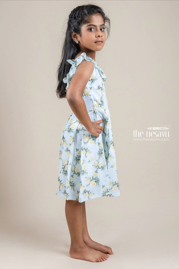 The Nesavu Girls Fancy Frock Green Rose Flower Printed Flared V-Neck Yoke and Box Pleated Cotton Frock Nesavu Yellow Rose Flower Printed Flared V-Neck Yoke and Box Pleated Cotton Frock for Girls | The Nesavu