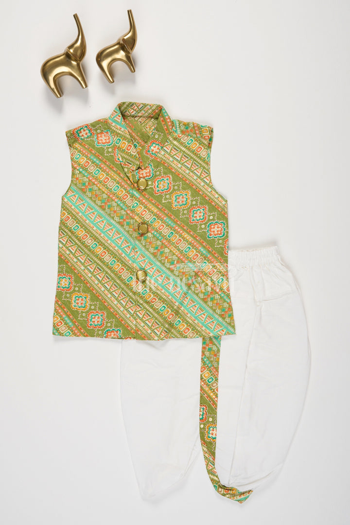 The Nesavu Boys Dothi Set Green Semi Linen Cotton Boys Dhoti Set with Traditional Vest Nesavu 12 (3M) / Green BES570A-12 Green Boys Dhoti Set Patterned Vest White Pants Festive Occasions