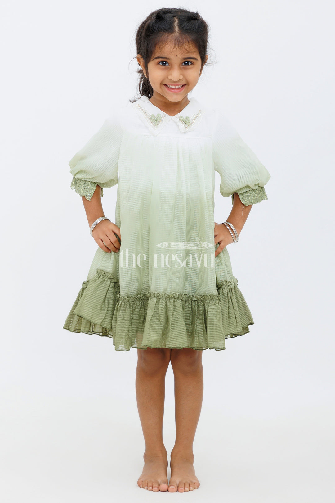 The Nesavu Girls Fancy Frock Green Shaded Polysilk Organza Frock with Lace Detail for Girls Nesavu Green Shaded Polysilk Organza Frock with Lace Detail for Girls Nesavu