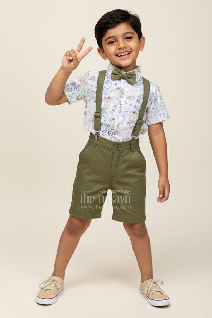 The Nesavu Boys Casual Set Green Shirt and Shorts Set for Boys in Cotton with Nature-Themed Animal Print and Olive Green Bottoms Nesavu 12 (3M) / Green BCS319B-12 Nesavu Green Shirt Shorts Set Boys Forest Animal Digital Print Olive Suspenders