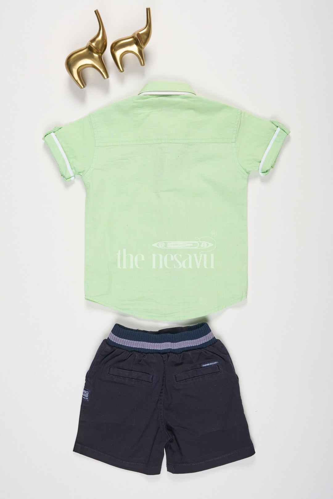 The Nesavu Boys Casual Set Green Short Sleeve Shirt and Navy Shorts Set for Boys Nesavu Green Short Sleeve Shirt and Navy Shorts Set for Boys - Nesavu