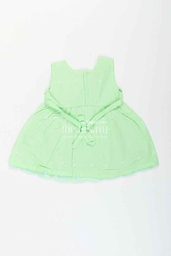The Nesavu Baby Cotton Frocks Green sleeveless frock for baby girls with floral embroidery Nesavu 16 (1Y) / Green BFJ857A-16 Nesavu green sleeveless frock for baby girls with embroidered hem for summer outings