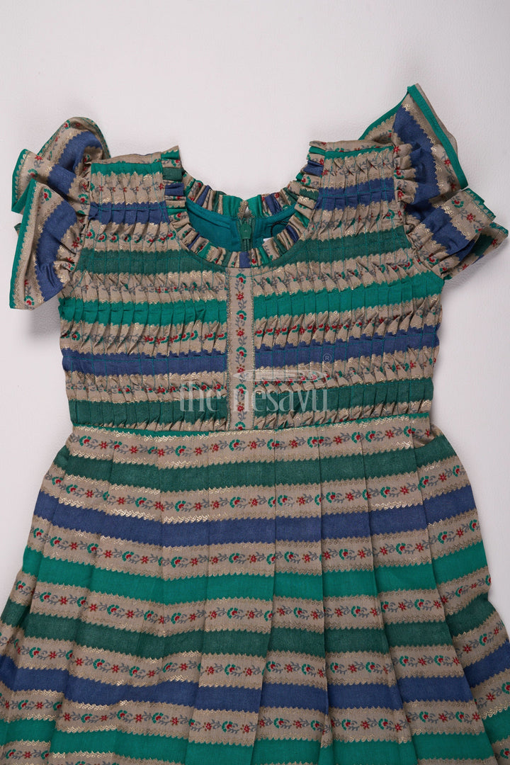 The Nesavu Girls Cotton Frock Green Striped Modal Silk Fancy Frock with Pleated Bodice and Ruffled Hem for Girls Nesavu Nesavu Girls Green Striped Modal Silk Frock Ruffled Hem Pleated Bodice