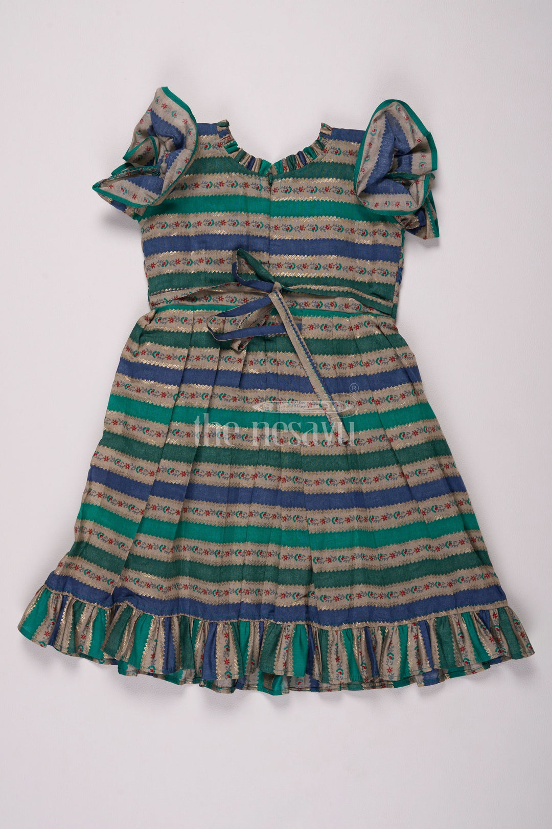 The Nesavu Girls Cotton Frock Green Striped Modal Silk Fancy Frock with Pleated Bodice and Ruffled Hem for Girls Nesavu Nesavu Girls Green Striped Modal Silk Frock Ruffled Hem Pleated Bodice