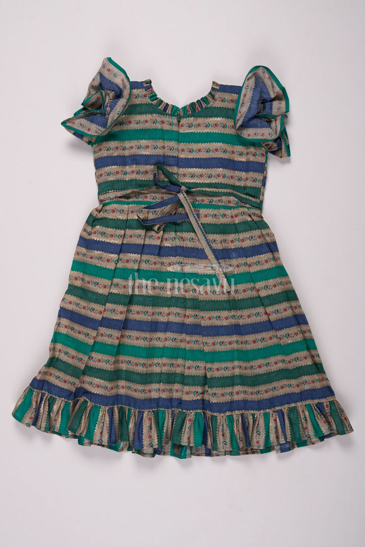 The Nesavu Girls Cotton Frock Green Striped Modal Silk Fancy Frock with Pleated Bodice and Ruffled Hem for Girls Nesavu Nesavu Girls Green Striped Modal Silk Frock Ruffled Hem Pleated Bodice