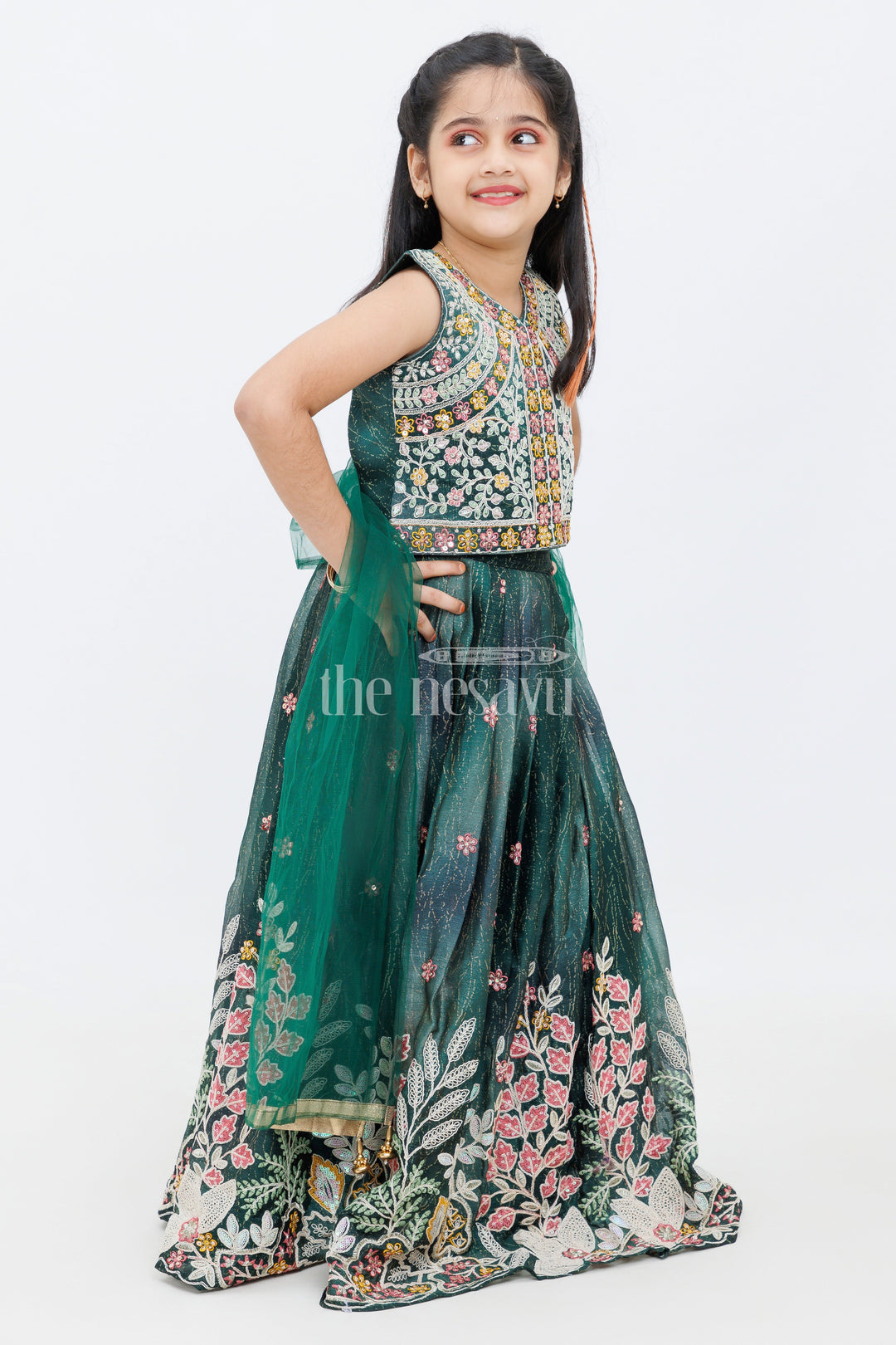 The Nesavu Girls Lehenga Choli Green Viscose Georgette Embroidered Lehenga Choli with Floral Design for Girls Nesavu Green Viscose Georgette Embroidered Lehenga Choli with Floral Design for Girls Nesavu