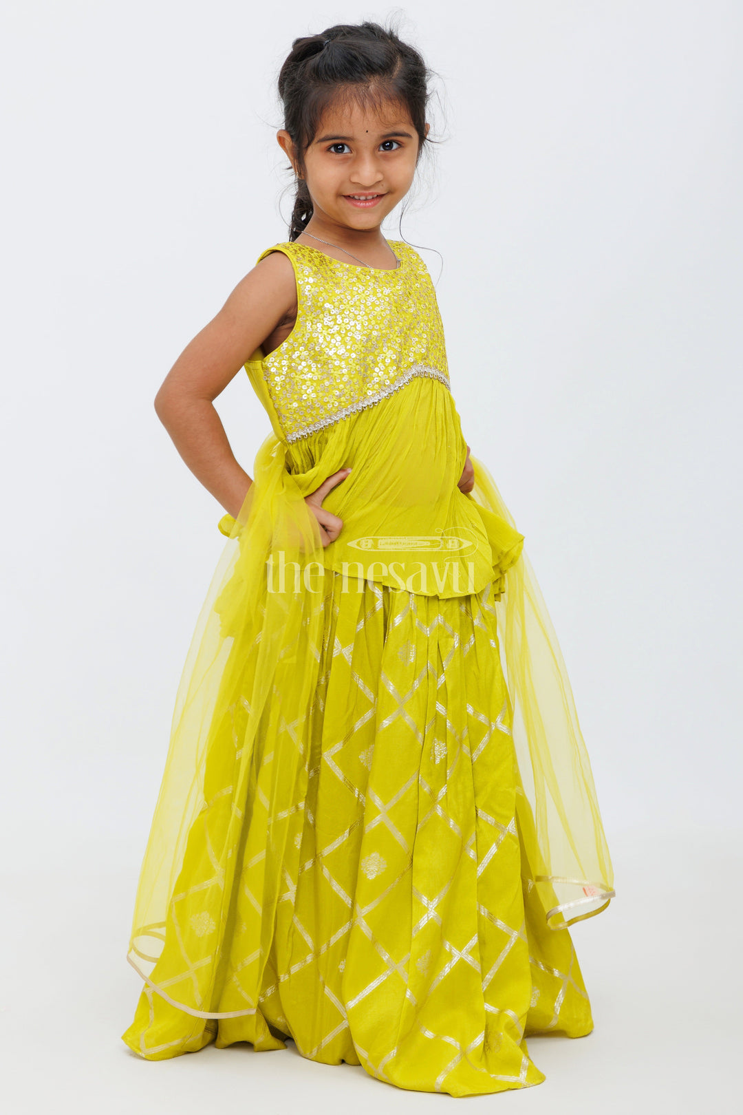 The Nesavu Girls Lehenga Choli Green Western Party Gown for Girls with Sequin Detailing Nesavu Green Party Gown Girls Sequins Layered Skirt