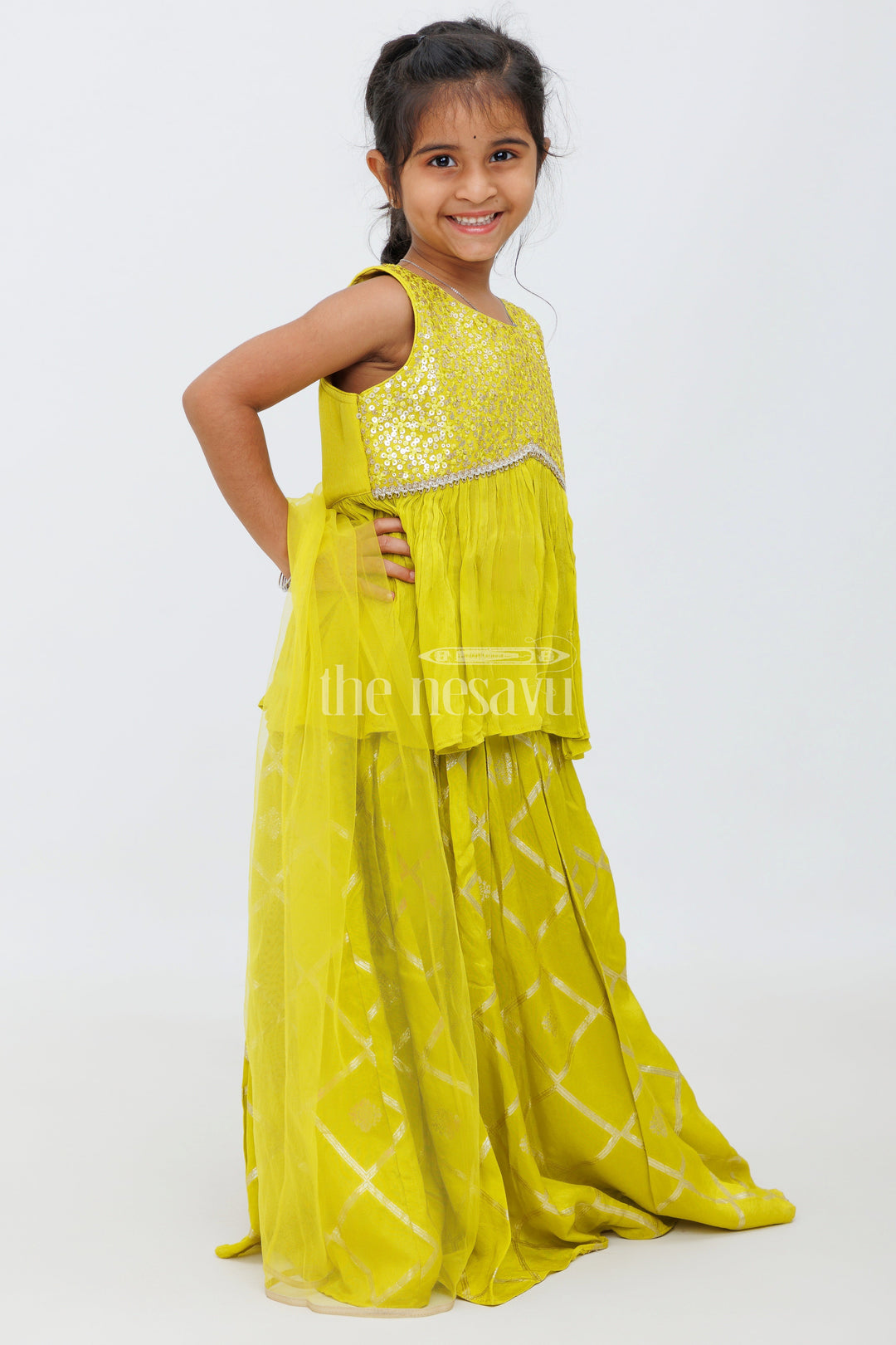 The Nesavu Girls Lehenga Choli Green Western Party Gown for Girls with Sequin Detailing Nesavu Green Party Gown Girls Sequins Layered Skirt