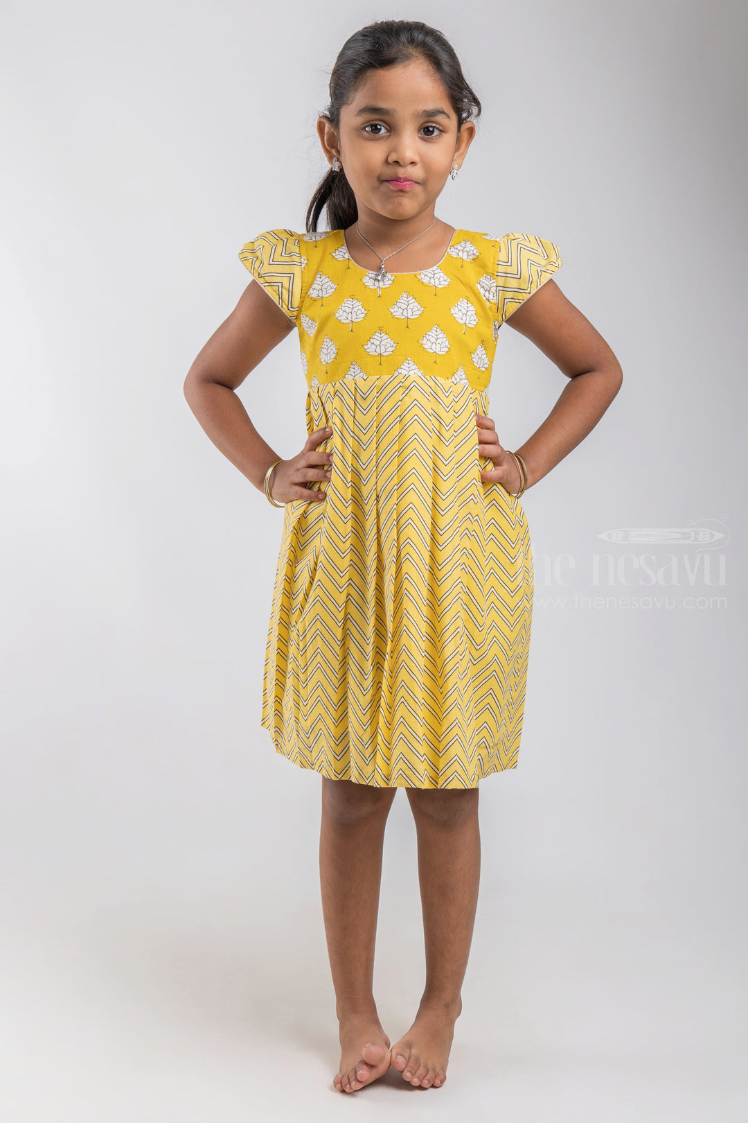 Greenish Yellow Printed Cotton Gown For Baby Girls