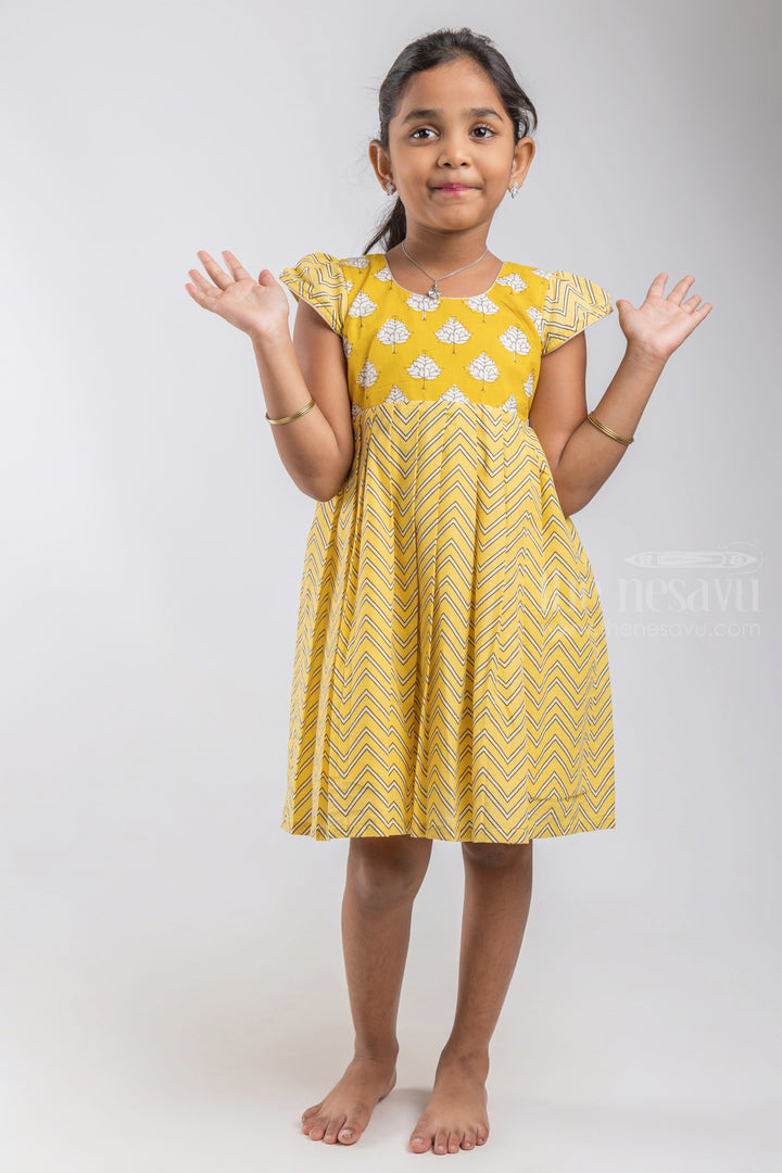 Greenish Yellow Printed Cotton Gown For Baby Girls