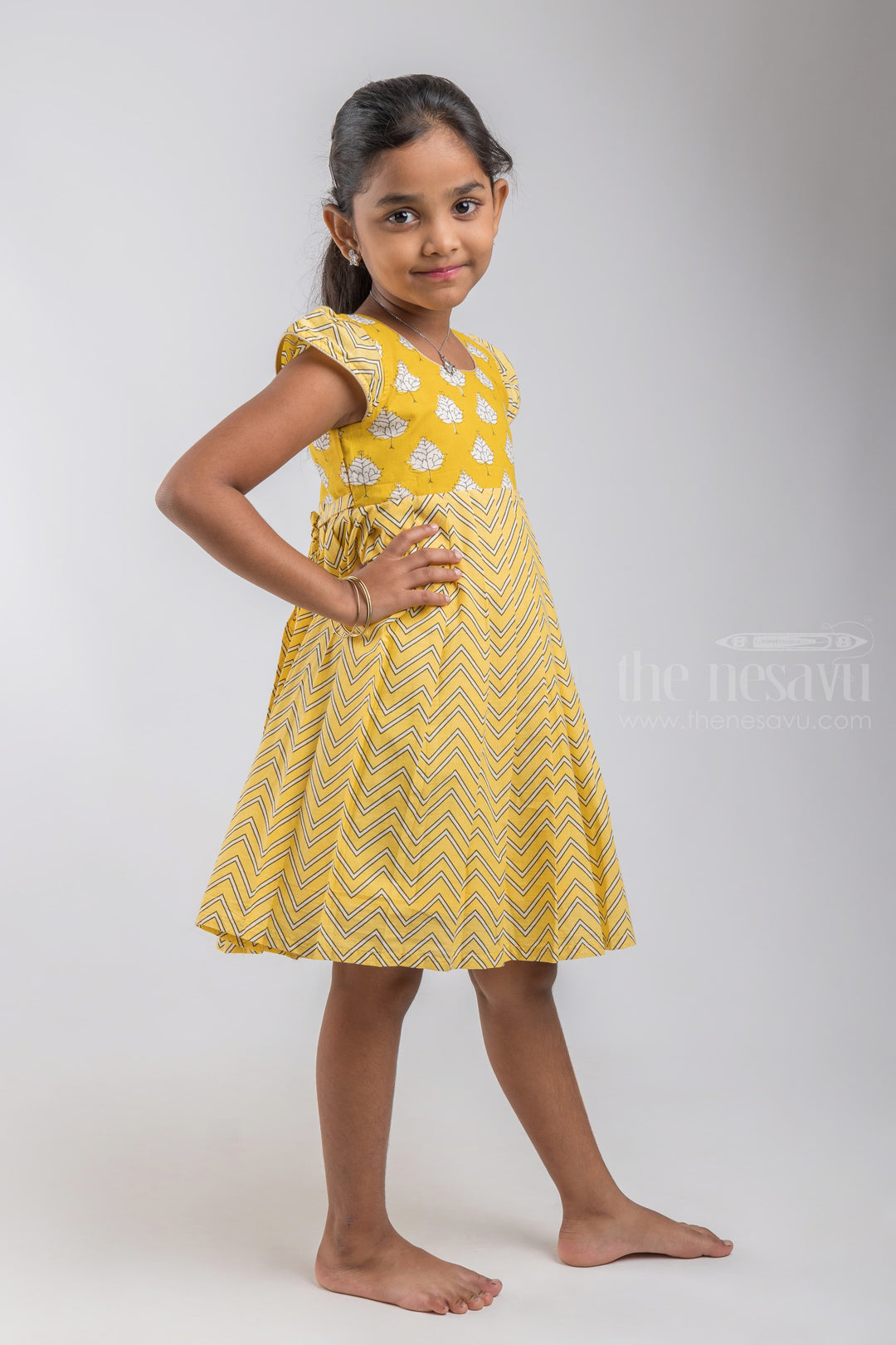 The Nesavu Girls Cotton Frock Greenish Yellow Printed Cotton Gown For Baby Girls psr silks Nesavu