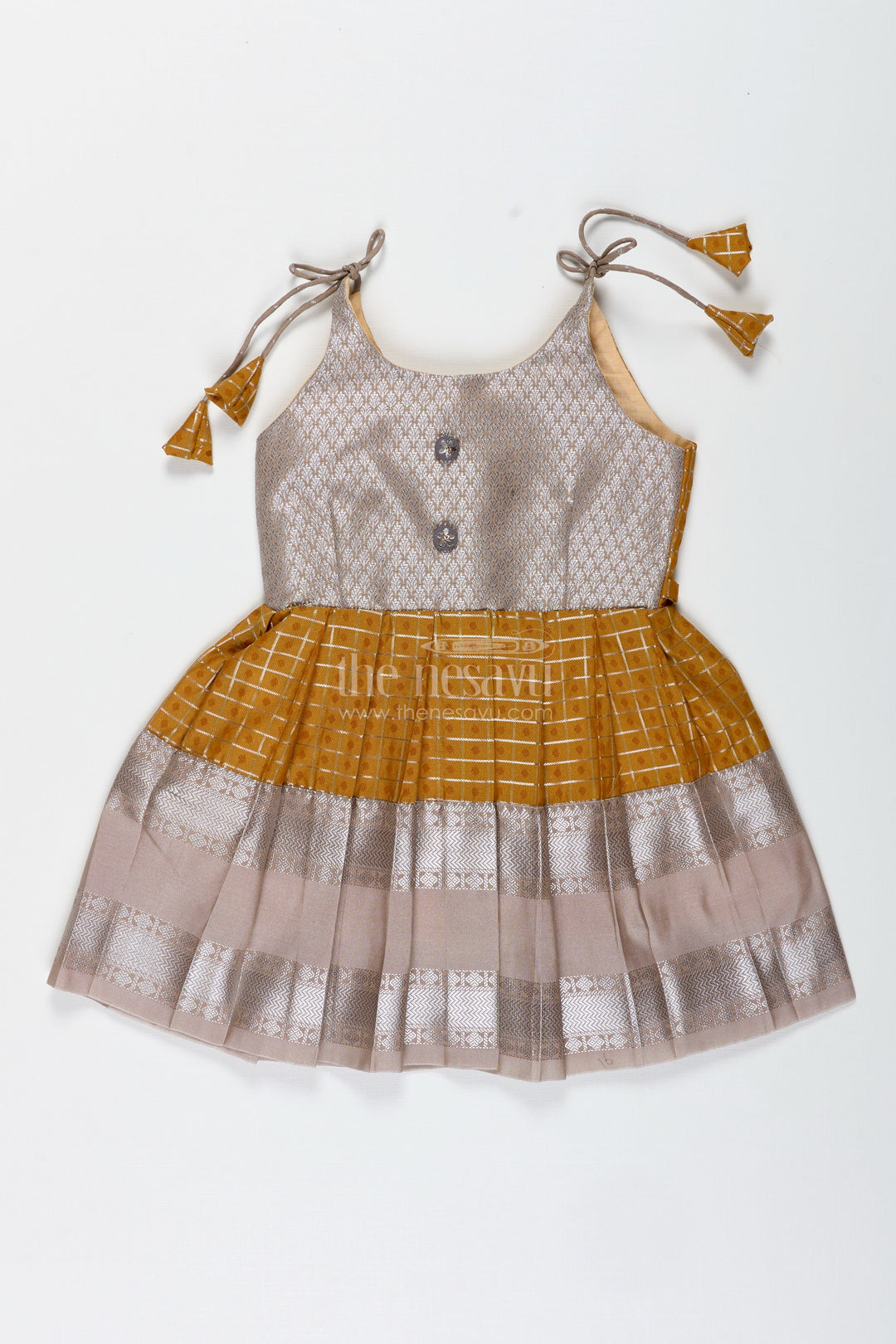 The Nesavu Tie-up Frock Grey and Mustard Tie-Up Frock for Baby Girls Semi Silk Dress for Festive Moments Nesavu 14 (6M) / Gray / Style 1 SF1001BA-14 Nesavu Grey And Mustard Semi Silk Frock For Baby Girls Ethnic Tie-Up Dress With Golden Borders